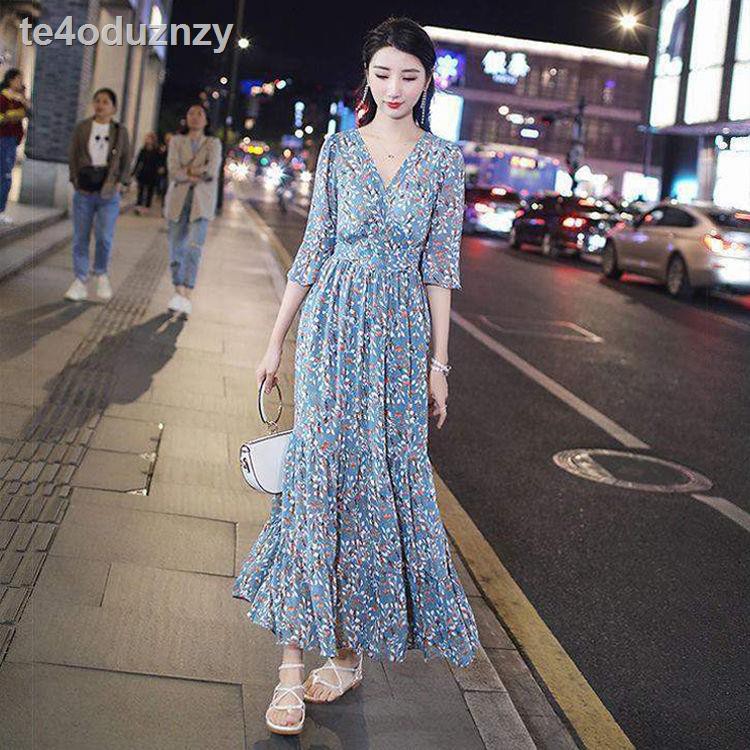 Váy hoa 2021 new chiffon in hình siêu tiên nữ thư sinh mỏng manh và gió nhẹ qua đầu gối dài