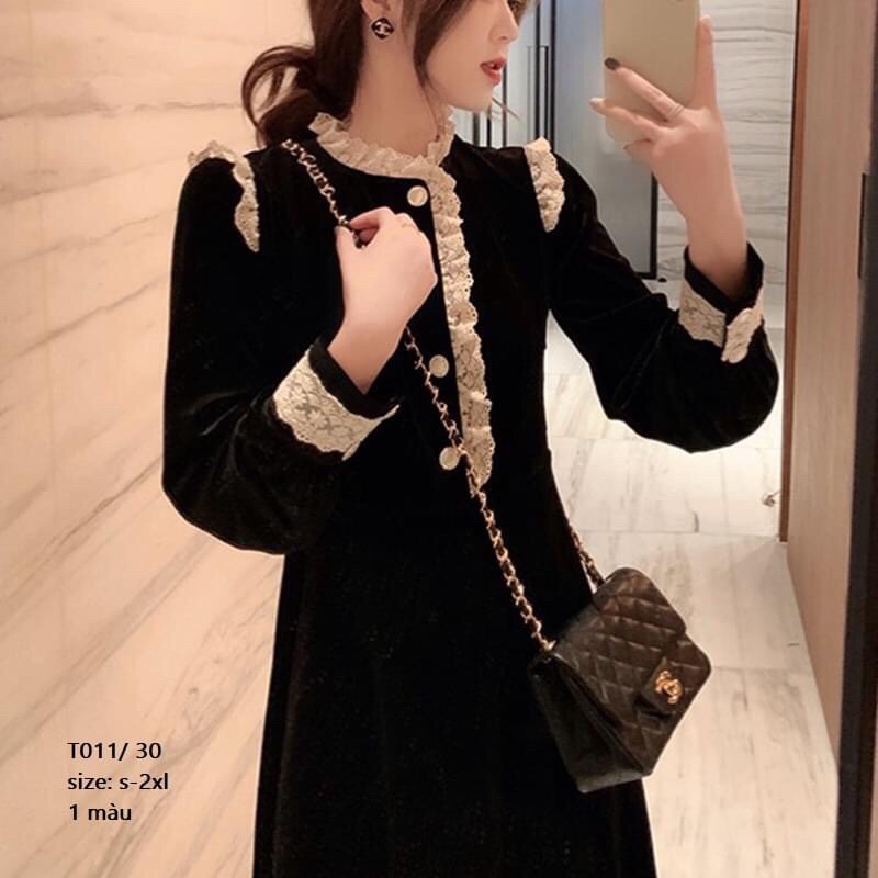 Váy nhung dáng dài viền phối ren phong cách retro sang trọng, thiết kế eo cao tôn dáng