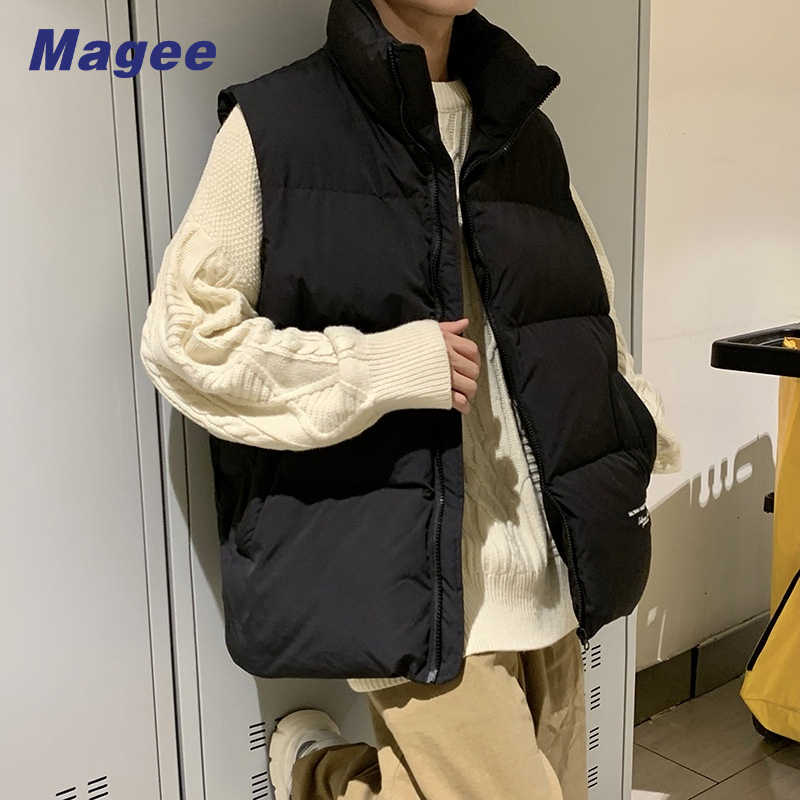 Áo Khoác Phao Sát Nách Cổ Đứng Dáng Rộng Vải Cotton Màu Trơn Kiểu Hàn Quốc Thời Trang Thu Đông Cho Nam