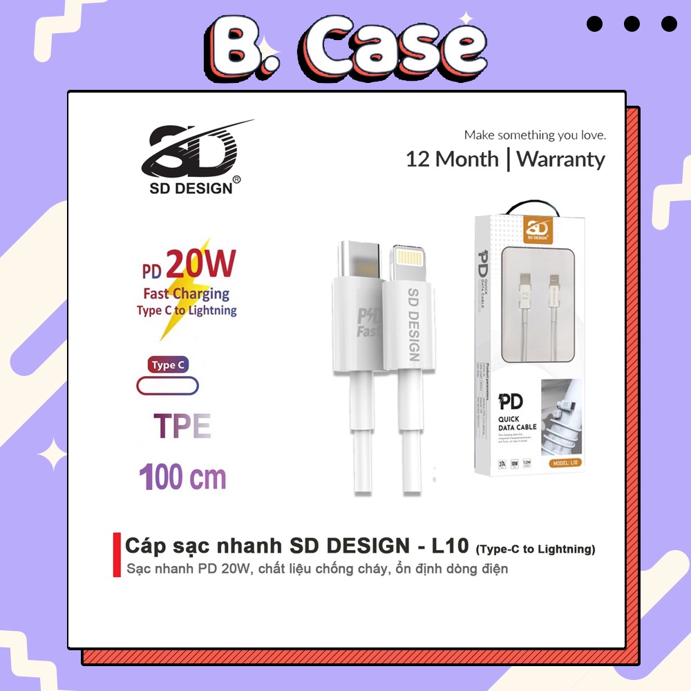 Cáp sạc nhanh 20w chính hãng SD Design L10, USB C Sang Lighting sạc ổn định cho điện thoại ip 6 đến 13 pro max