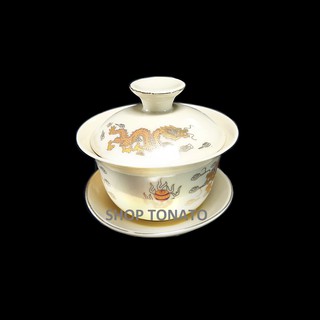 Chung nắp chén phật song rồng kem cao 7.5cm