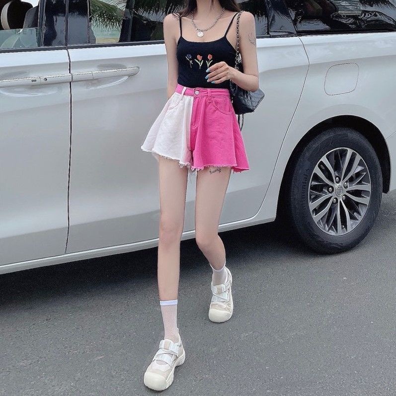 Quần Short Jean Lưng Cao Phối Màu Cá Tính Thời Trang Trẻ Trung