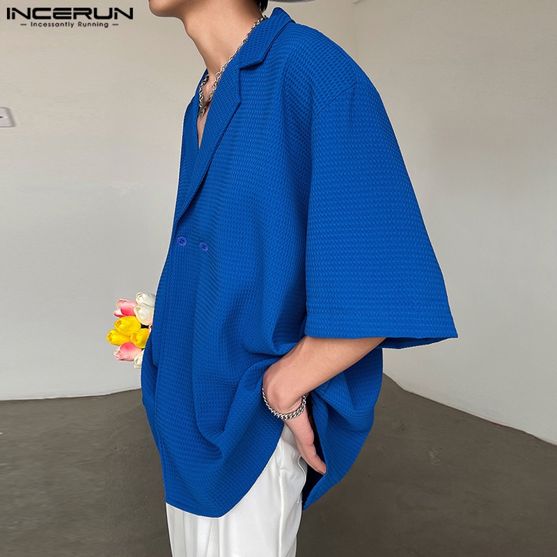 Áo sơ mi INCERUN ngắn tay dáng rộng phối nút phong cách hippie cho nam