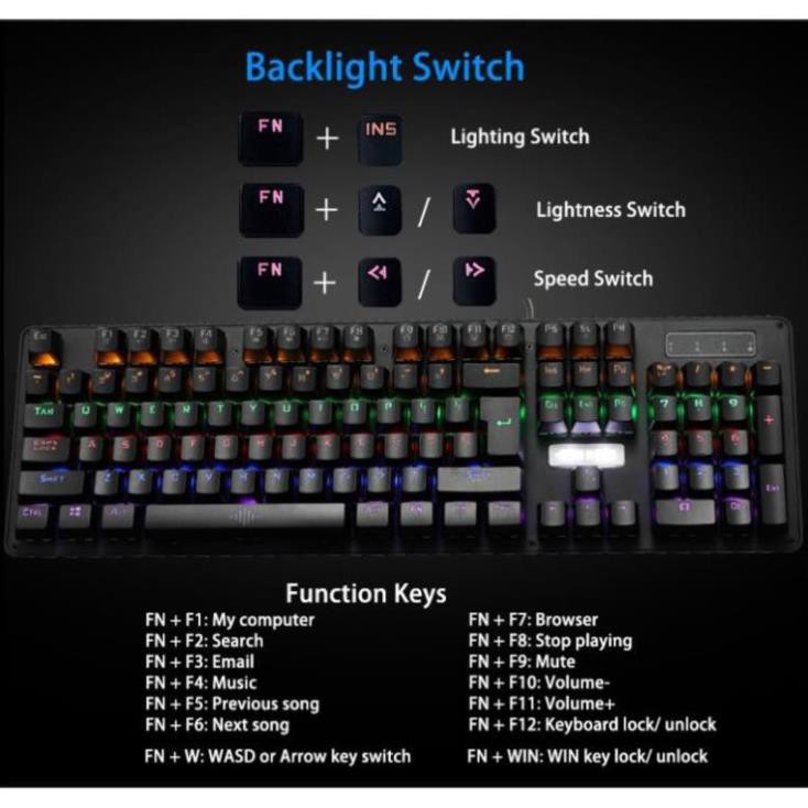 Bàn phím cơ chuyên game Blue Switch Bosston MK912 / MK912A / VM01 - thay đổi 9 chế độ đèn Led (Đen) - Hãng phân phối