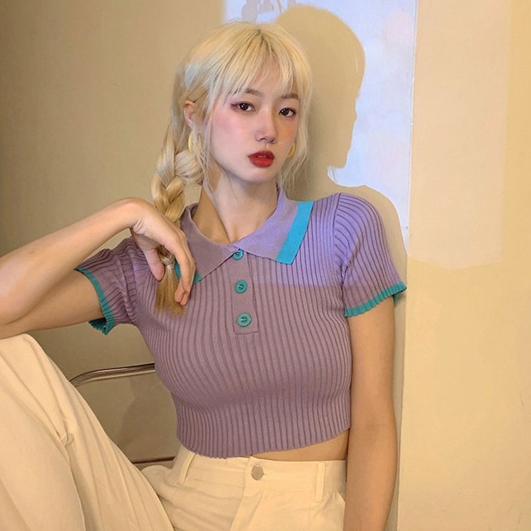 Áo Dệt Kim Tay Ngắn Cổ Polo Phối Màu Tương Phản Kiểu Hàn Quốc Thời Trang | BigBuy360 - bigbuy360.vn
