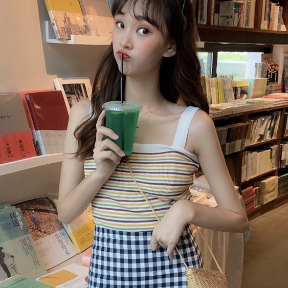 Áo Nữ Hai Dây Họa Tiết Sọc Ngang Phong Cách Hàn Quốc Quyến Rũ