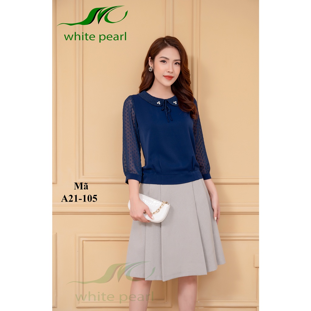 Sơ mi bo gấu nữ thời trang công sở cao cấp tay lỡ cổ ren chất vải mềm mịn xanh than WHITE PEARL