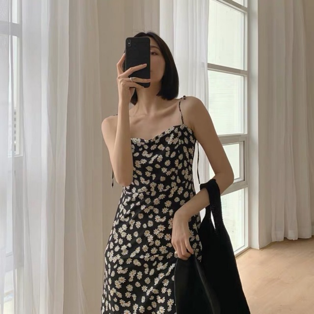 (Ảnh thật)(sẵn L) Váy hoa cúc 2 dây dáng dài maxi tùng xoè chữ A tiểu thư mát mẻ diện hè