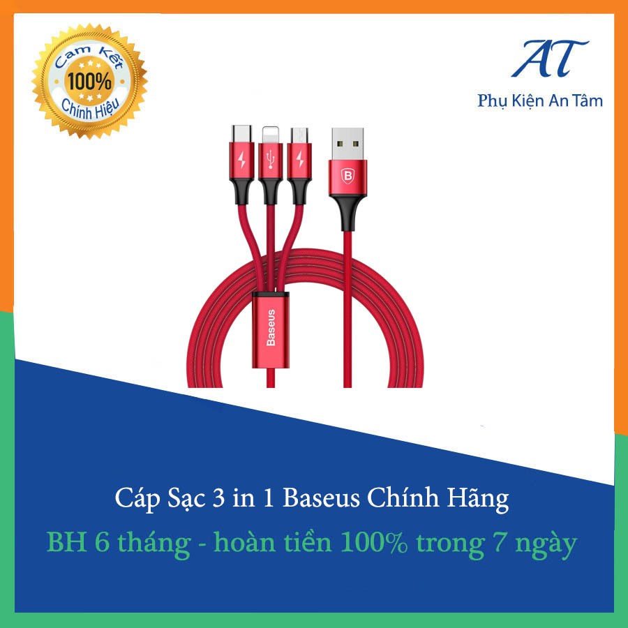 Cáp sạc 3 đầu iPhone/Micro/Type-c chính hãng Baseus
