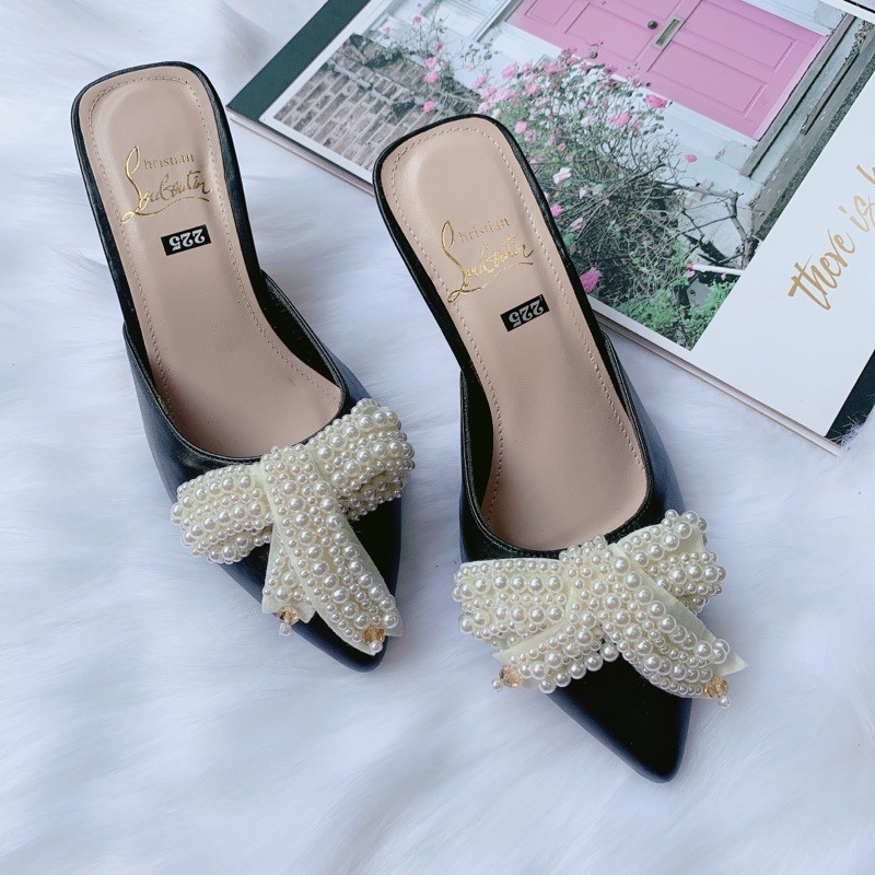 Guốc sục gót nhọn 5p chùm ngọc trắng siêu chảnh