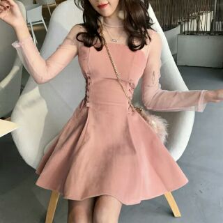 Đầm xòe đan dây eo phối lưới