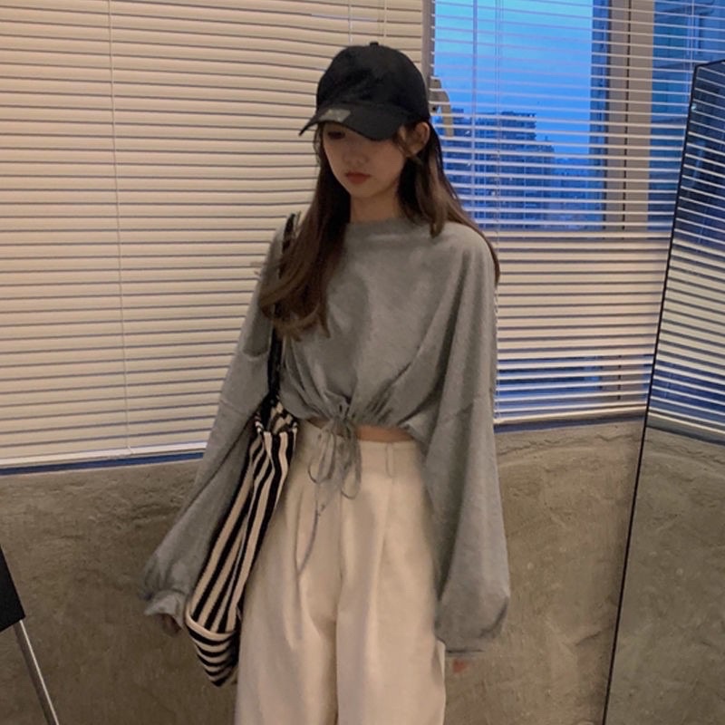 Áo croptop dài tay bo chun eo Unisex ❤️croptop tay phồng❤️phong cách ulzzang chất thun co dãn mát mịn, NENEE