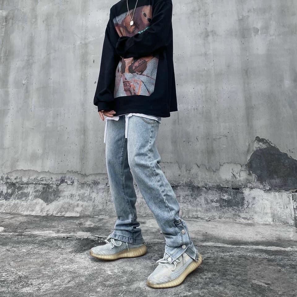 Quần Jean Ống Suông Ống Đứng FOG Phối Nút Bấm Nam Nữ Unisex Vải Dày Dặn