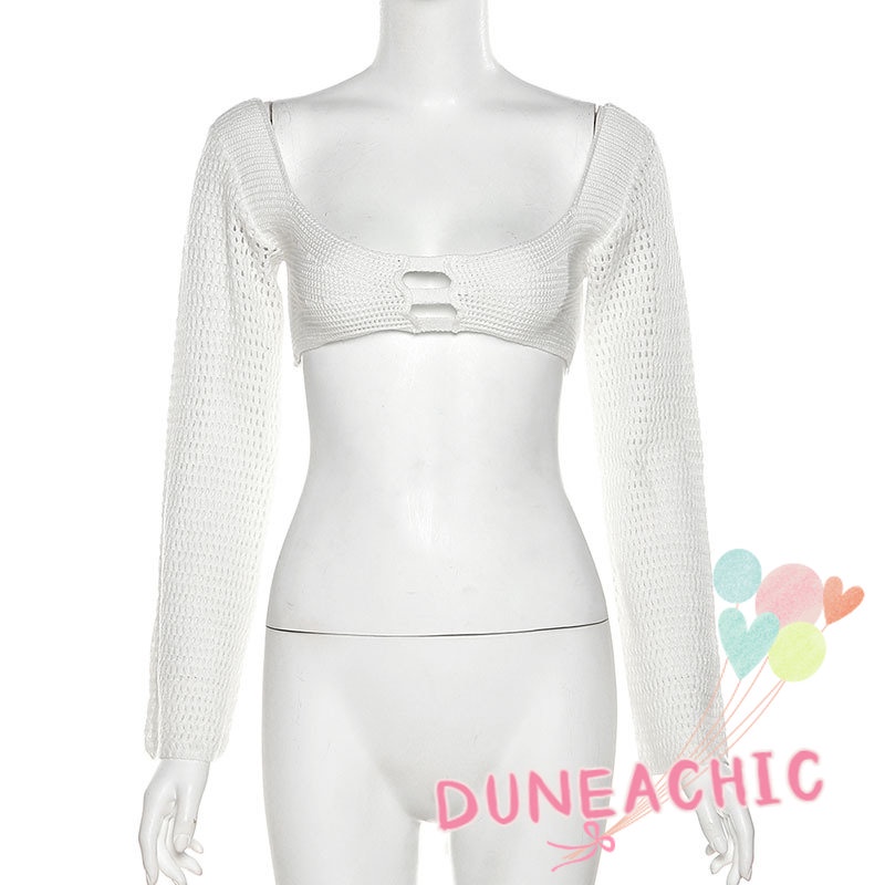 DUNEA Áo Dệt Kim Tay Dài Cổ Vuông Hở Lưng Quyến Rũ Cho Nữ