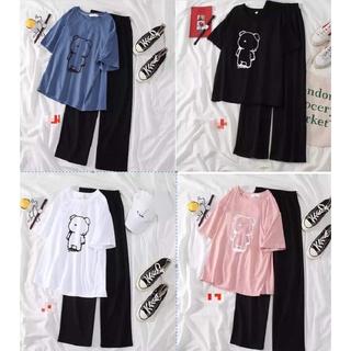 Set đồ nữ,đồ bộ bigsize nữ mặc nhà đi chơi ,Set áo phông gấu kèm quần ống rộng vải đen