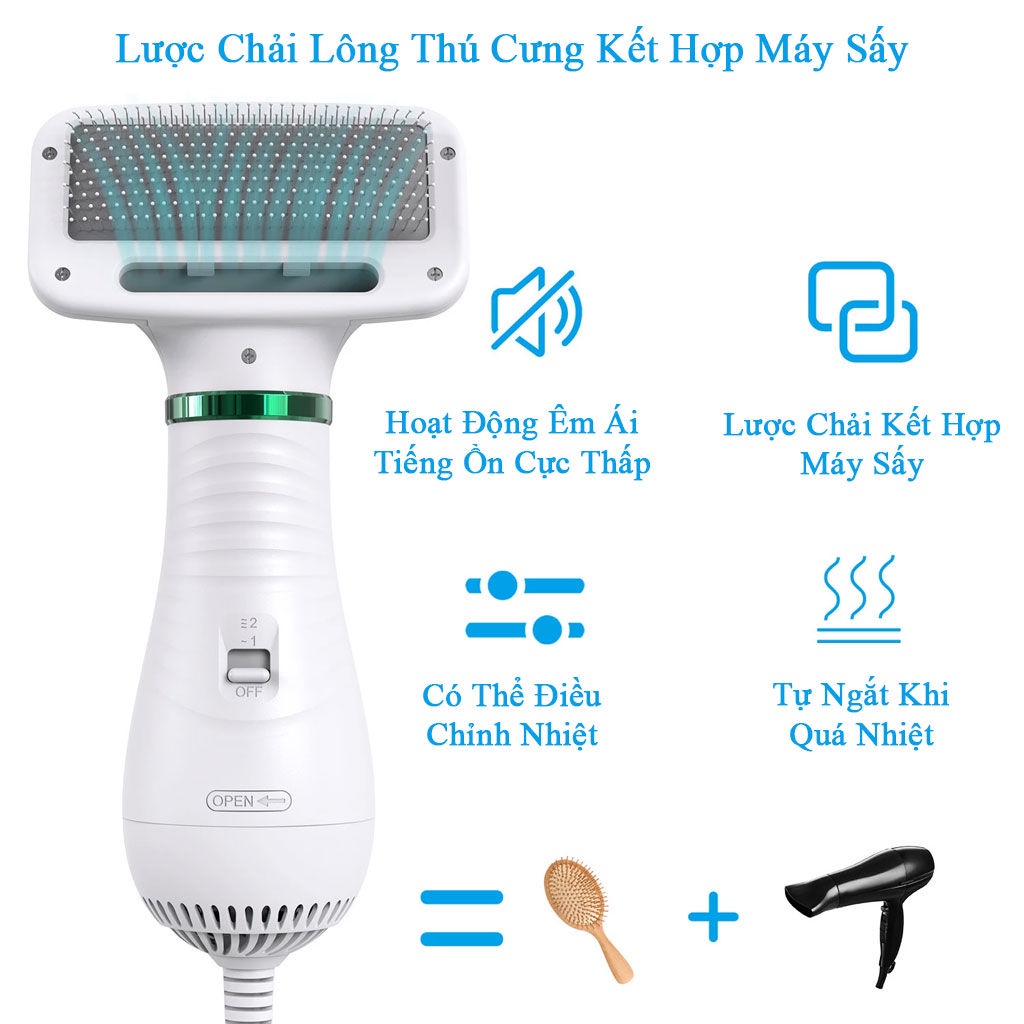 Máy Sấy Kiêm Lược Chải Lông Chó Méo Đa Năng 2in1, 2 Mức Chỉnh Nhiệt, Dụng Cụ Chăm Sóc Thú Cưng Tại Nhà