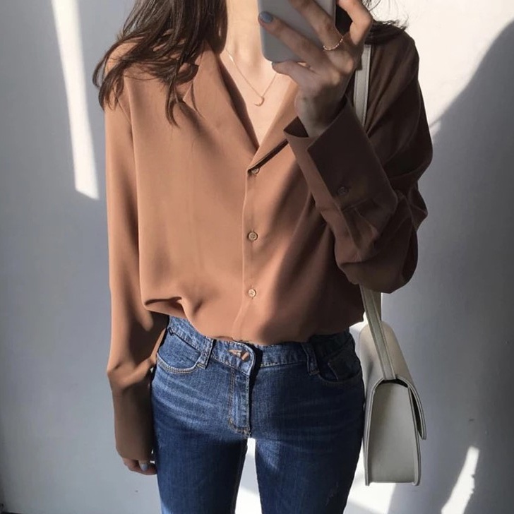 SUXI Áo Sơ Mi Tay Dài Cổ Chữ V Màu Sắc Đơn Giản Phong Cách Hàn Quốc Dành Cho Nữ