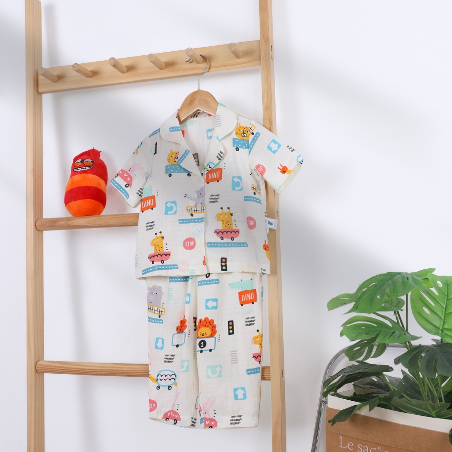 Pyjama bé trai bé gái tay ngắn quần dài vải xô tre Áo Lá Homewear XONT22, đồ bộ xô bé trai