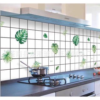 DECAL 1m x 60cm dán bếp tráng nhôm vuông trắng lá xanh