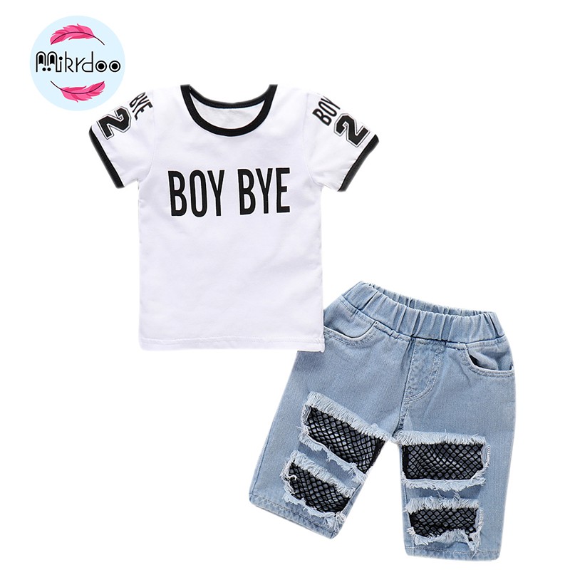 Mikrdoo Baby Boy Clothes Set Kid Toddler Summer Suit Cotton Short Sleeve Top + Denim Pant 2PCS Outfit