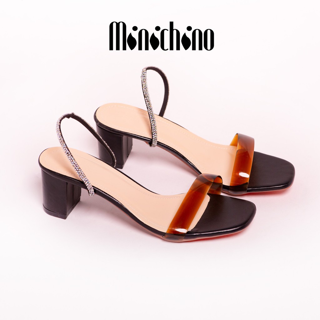 Giày cao gót nữ MINICHINO thời trang coi đính đá, hỡ mũi đế vuông cao 5p fom chuẩn size 35-40 màu đen