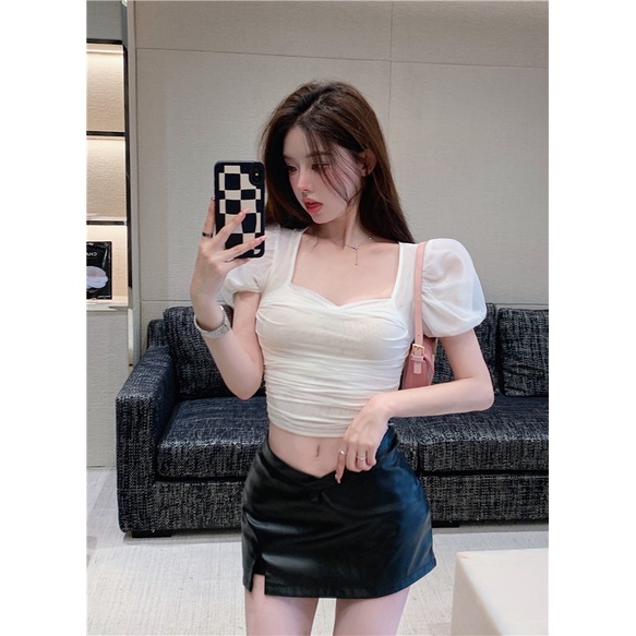 Áo thun tay ngắn phồng dáng ôm thời trang mùa hè phong cách Hàn Quốc cho nữ
