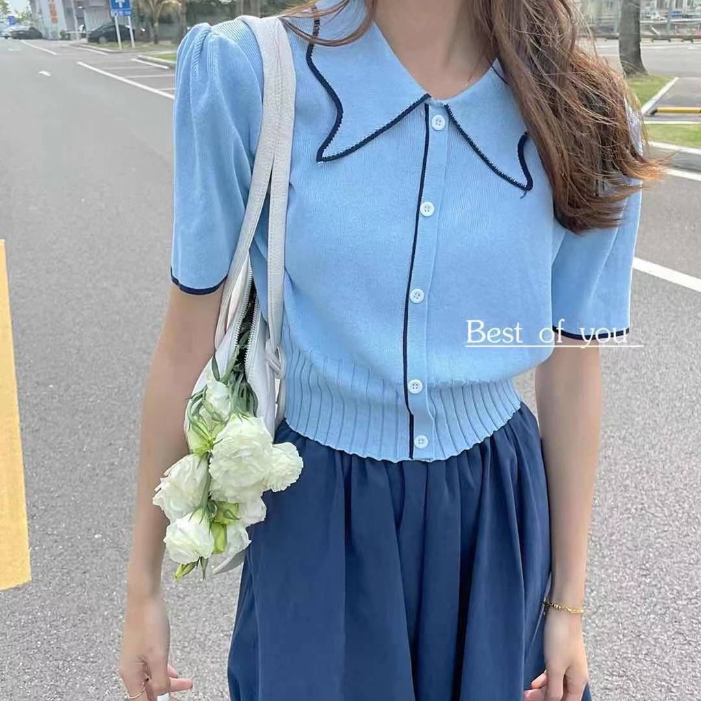 SUXI Áo Dệt Kim Tay Ngắn Phồng Cổ Polo Hàng Nút Đơn Phong Cách Hàn Quốc Hàng Mới