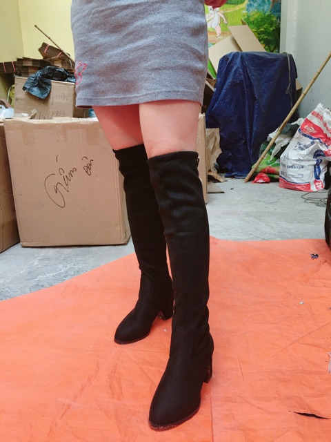 Boot Đùi Gót Vuông Chất Bốt Da Lộn Có Lót Lông Hàng Quảng Châu