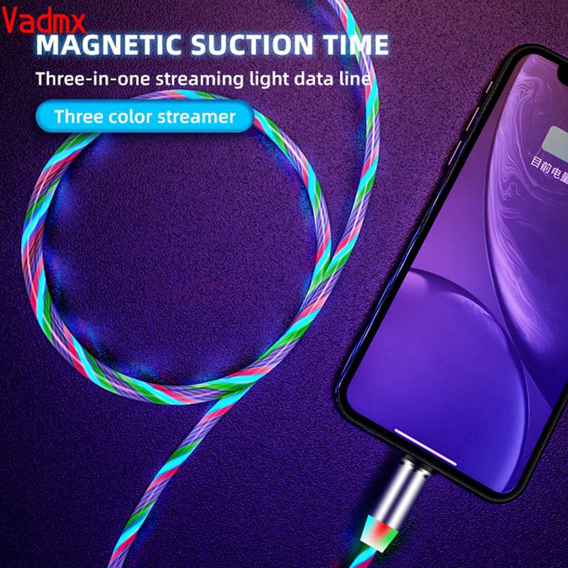 Magnetic Flowing LED Light Cable 2.4A Fast Charging Micro USB Type C Led Cord Type-C USB-C Android Charger For iPhone