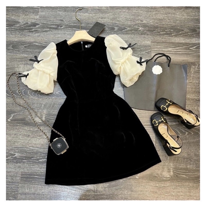 Đầm nhung ( có bigsize ) phối tay voan đính nơ