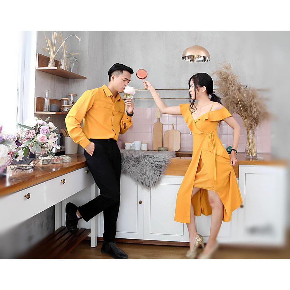 Áo đôi áo cặp 🎀FREESHIP🎀  Set váy nữ sơ mi nam cặp chụp cưới, dự tiệc, du lịch màu vàng đẹp - AV92