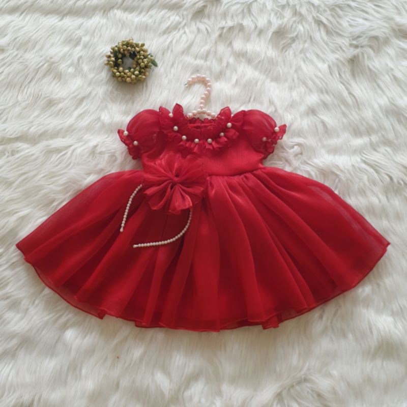 váy tơ đỏ trẻ em đính ngọc cổ (kèm video)