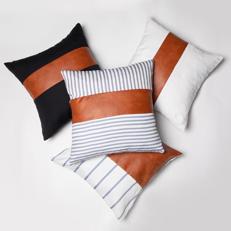 Leather Canvas Stripe Stitching Pillowcase