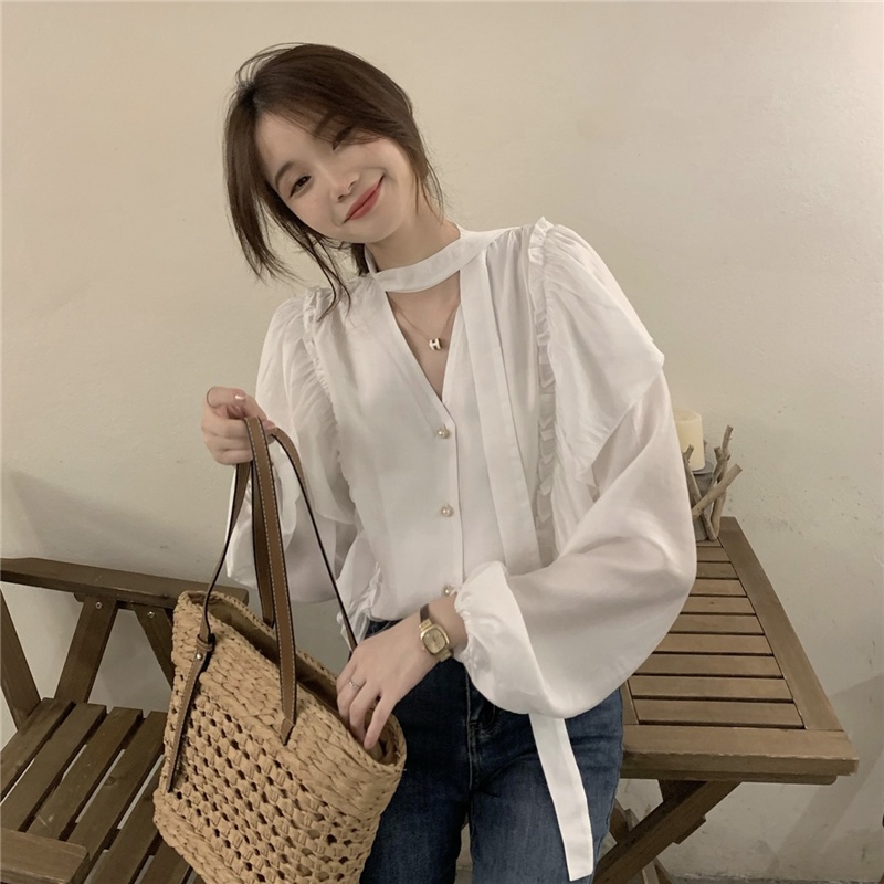 Áo Sơ Mi Dài Tay Cổ Chữ V Phong Cách Pháp 56013