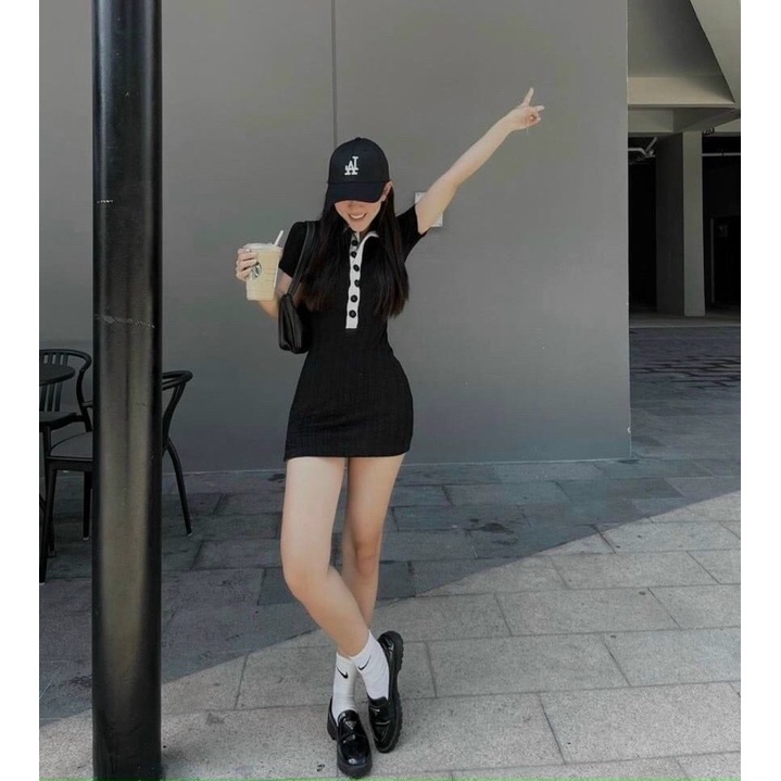 (Có BigSize) Đầm Váy Body Đen Cổ Trắng Tay Ngắn