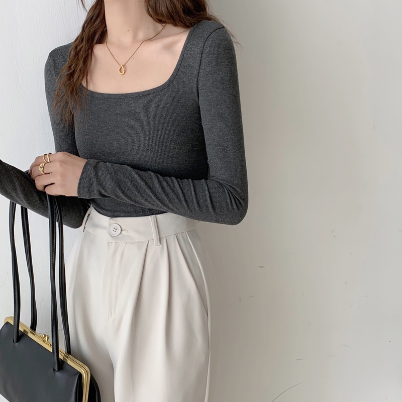Áo thun tay dài MACDOME cổ vuông vải thun ôm body crotop nữ cotton co giãn tốt AG003