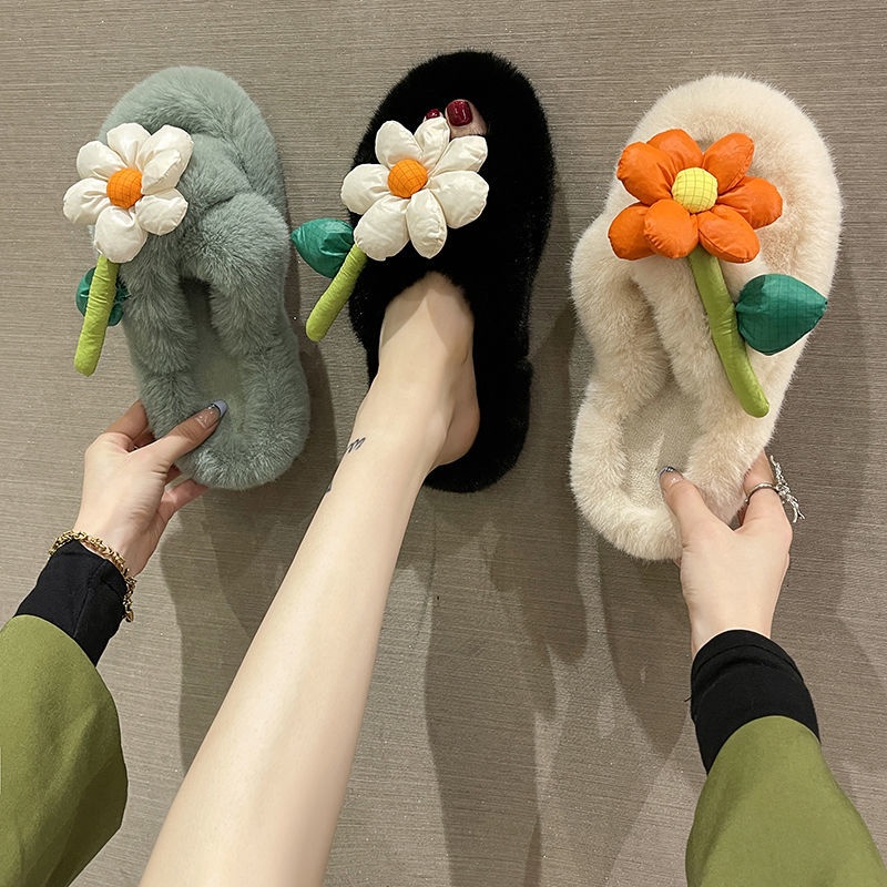 Dép Bông Quai Chéo Phối Lông Thời Trang Thu Đông 2022 Cho Nữ