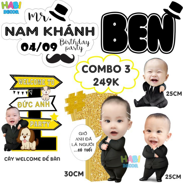 [ RẺ ĐẸP ] Set chibi, bảng tên, cây welcome, tên bé để bàn trang trí sinh nhật, thôi nôi, đầy tháng cho bé trai BT01