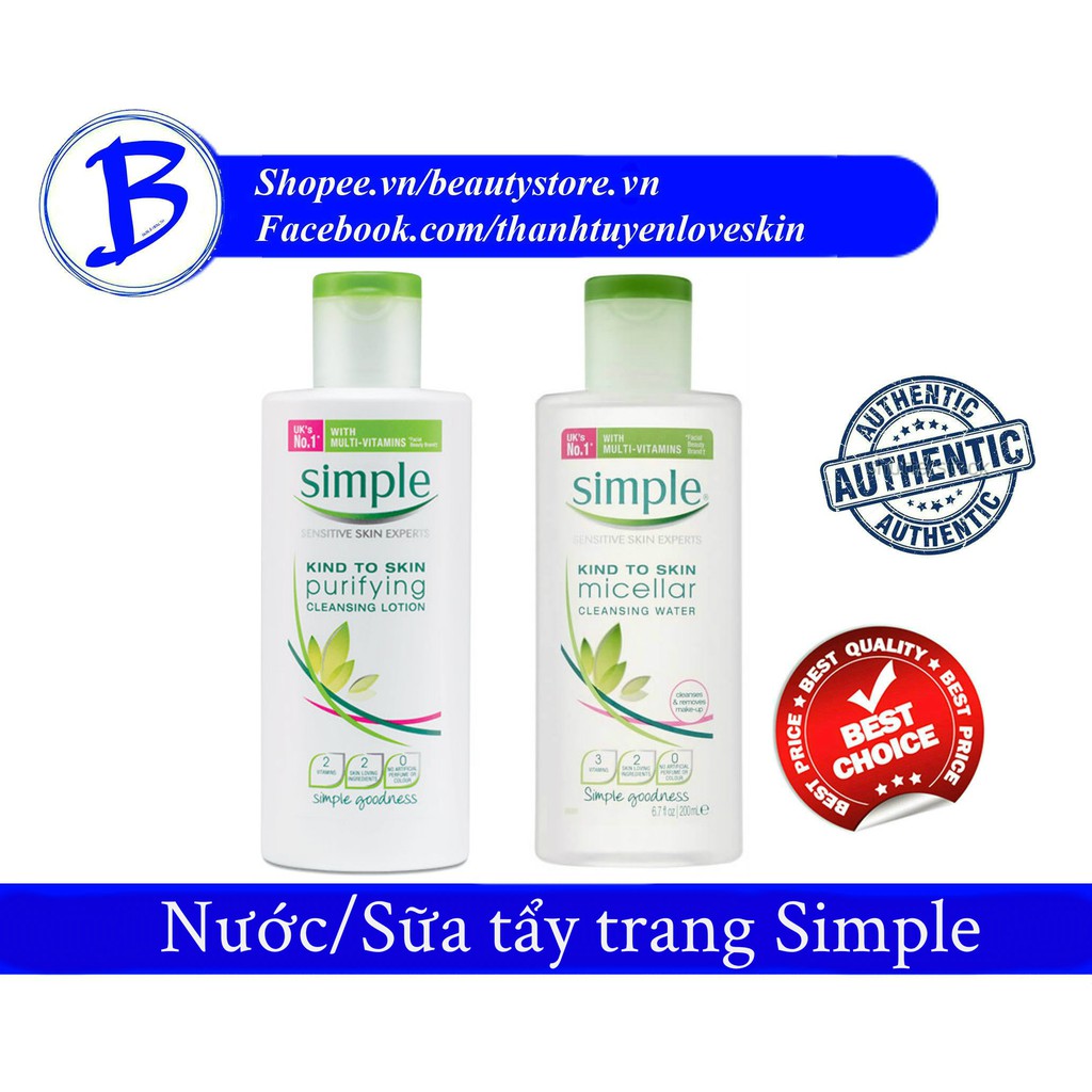 [AUTH] Nước / Sữa tẩy trang Simple kind to skin purifying cleansing lotion / water