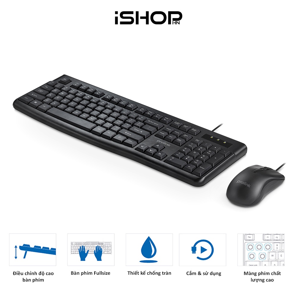 Bộ bàn phím chuột có dây Prolink PCCM2003 Fullsize, chống thấm nước, 12 phím truy cập nhanh, giá siêu rẻ