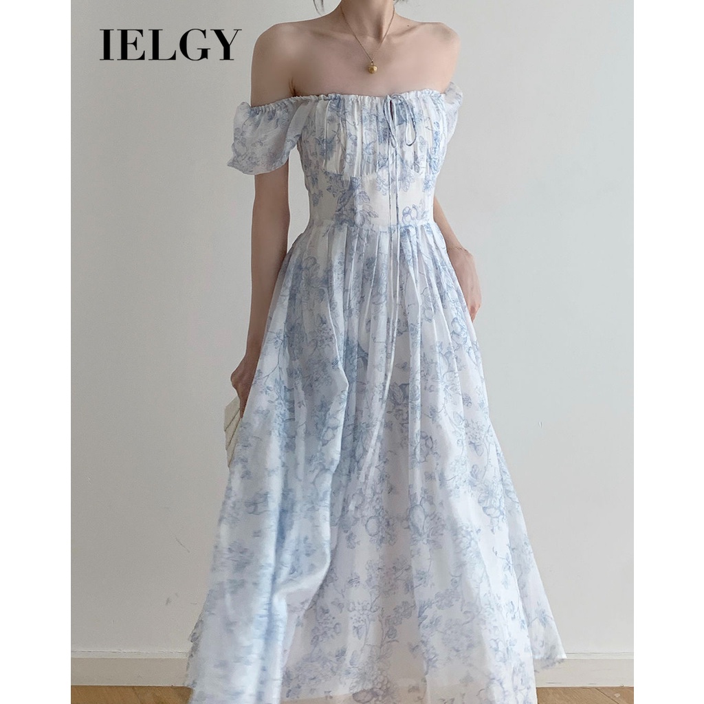 Đầm dài IELGY cổ vuông tay phồng in họa tiết hoa thời trang mùa hè dành cho nữ