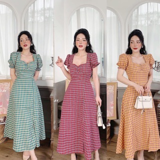 [HÀNG CAO CẤP] Đầm Maxi nhíu ngực sọc retro nổi bần bật