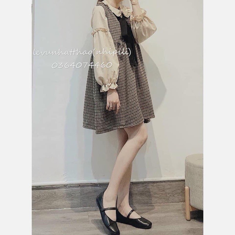 Set áo sơ mi cổ sen mix yếm dạ kẻ lót lông