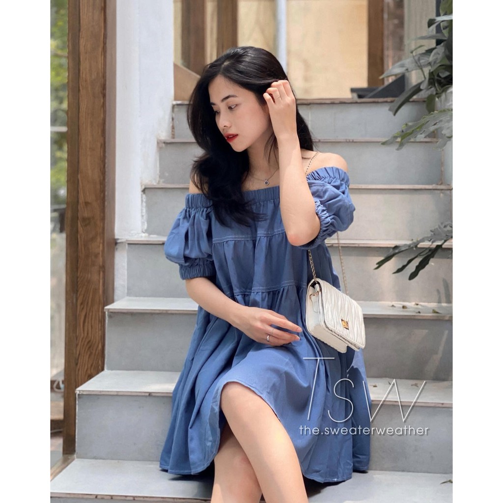 VÁY SUÔNG DÁNG NGẮN BẸT VAI NGẮN TAY CHỈ NỔI 3 MÀU XANH, ĐEN, BE PHÙ HỢP CHO NỮ ĐI CHƠI, ĐI LÀM, ĐI HẸN HÒ DỊU DÀNG
