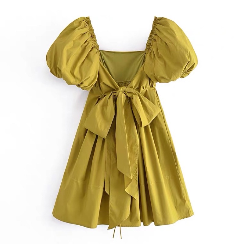 Váy đầm babydoll tay phồng dáng ngắn xoè cột nơ sau lưng phong cách ulzzang style MS004