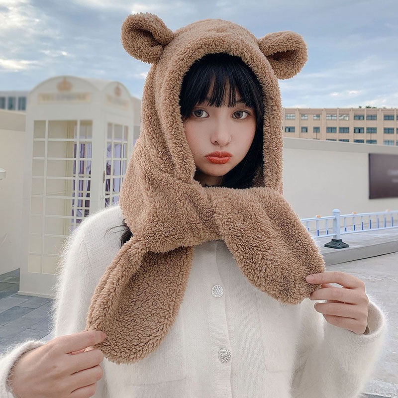 Mũ lông cừu dài kiêm khăn choàng giữ ấm thu đông thời trang cho nữ