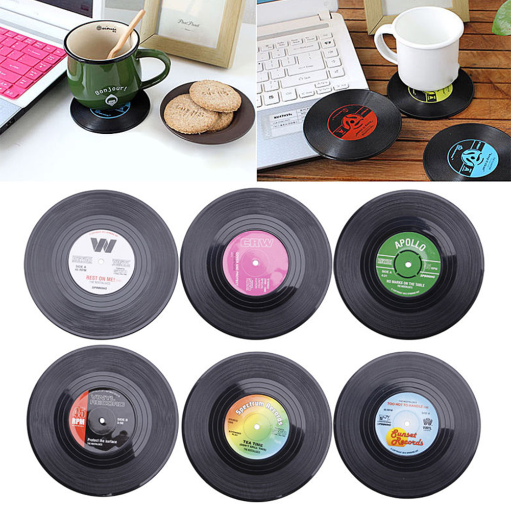 Set 6 Đế Lót Ly Hình Đĩa Than Tròn Họa Tiết Đĩa Than Độc Đáo