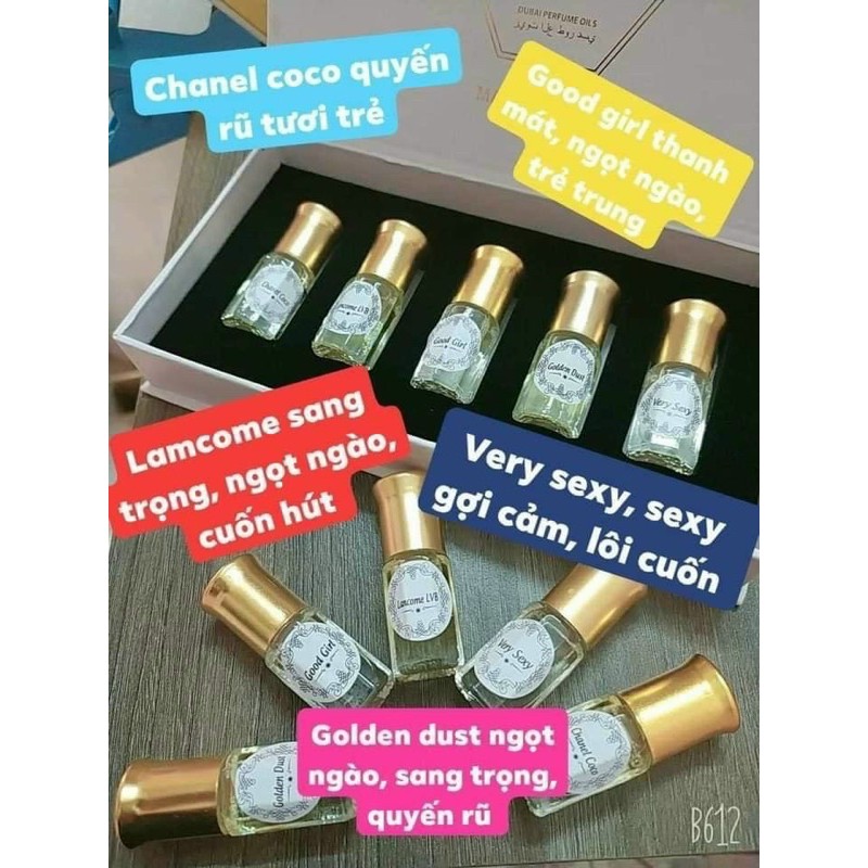 Set nước hoa mini Dubai, 5 mùi 15ml, dạng lăn, hàng chuẩn.