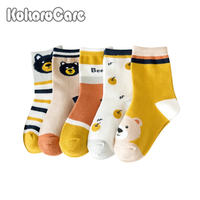 Set 5 cặp vớ KokoroCare MH-15 5 ống vừa may jacquard họa tiết gấu dễ thương dành cho bé trai gái 1-12 tuổi size S/M/L/XL