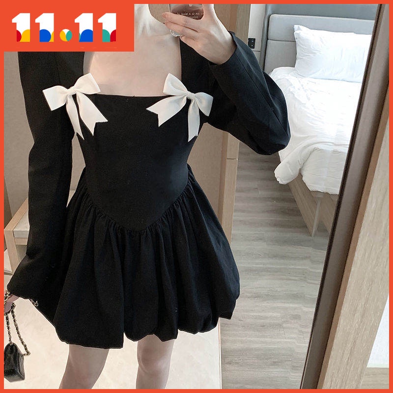 Đầm tay dài cổ thắt nơ phối màu tương phản phong cách Pháp ngọt ngào thời trang thu đông mới cho nữ 2021